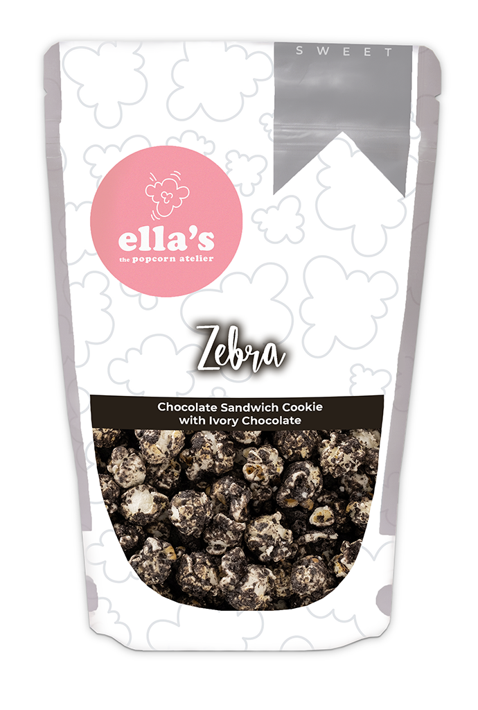 Zebra popcorn is made with iconic chocolate sandwich cookies and ivory chocolate. Zebra popcorn is the very first Ella's Popcorn recipe.